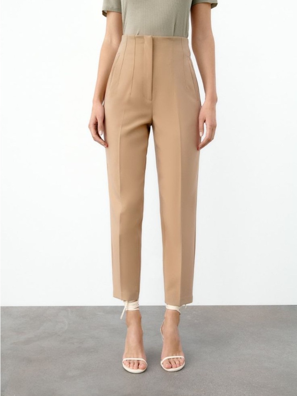 Zara Beige High Waisted Trousers Split Hem Ankle Pants Sz 6